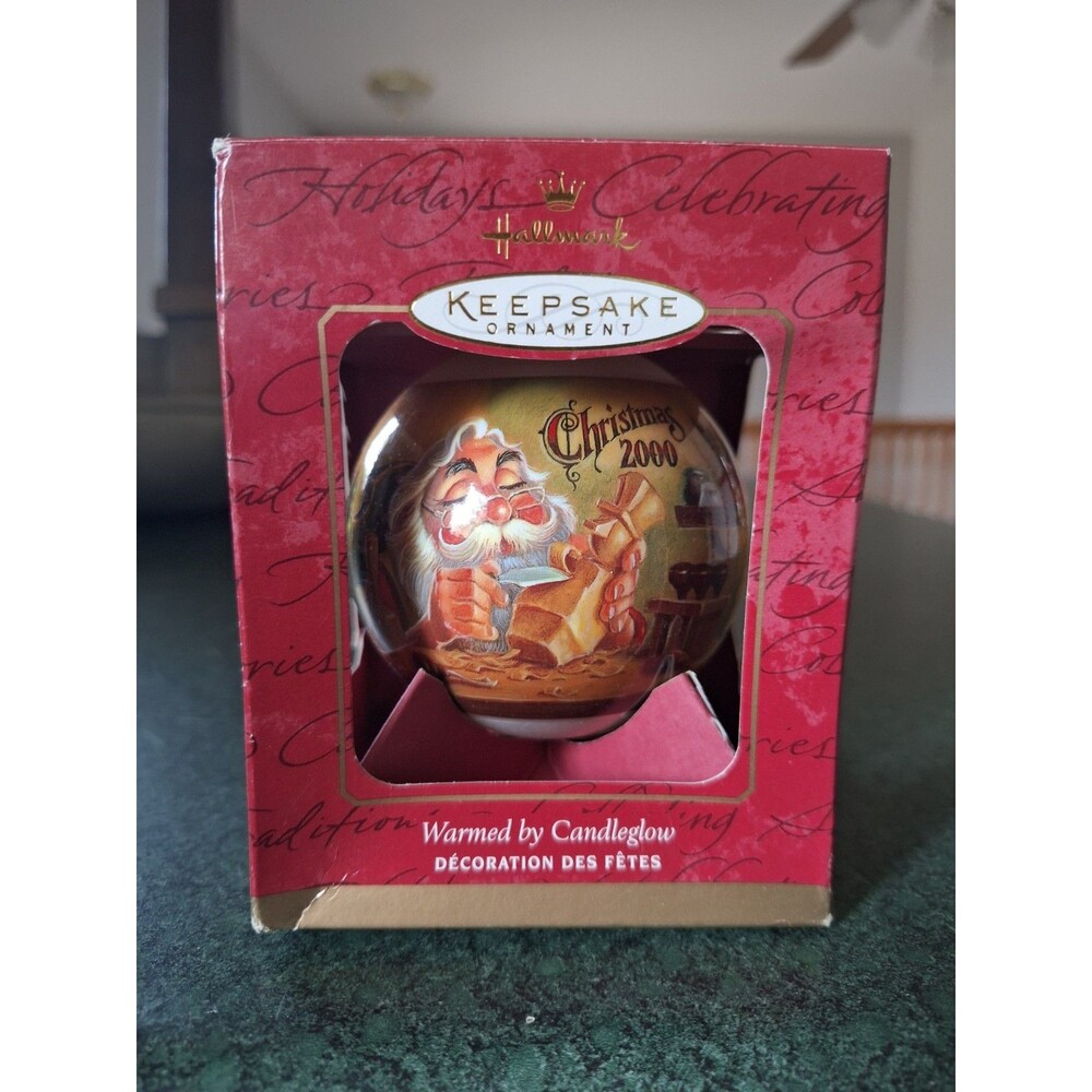 HALLMARK Keepsake 2000 WARMED BY CANDLEGLOW Santa Glass Ball ORNAMENT NIB